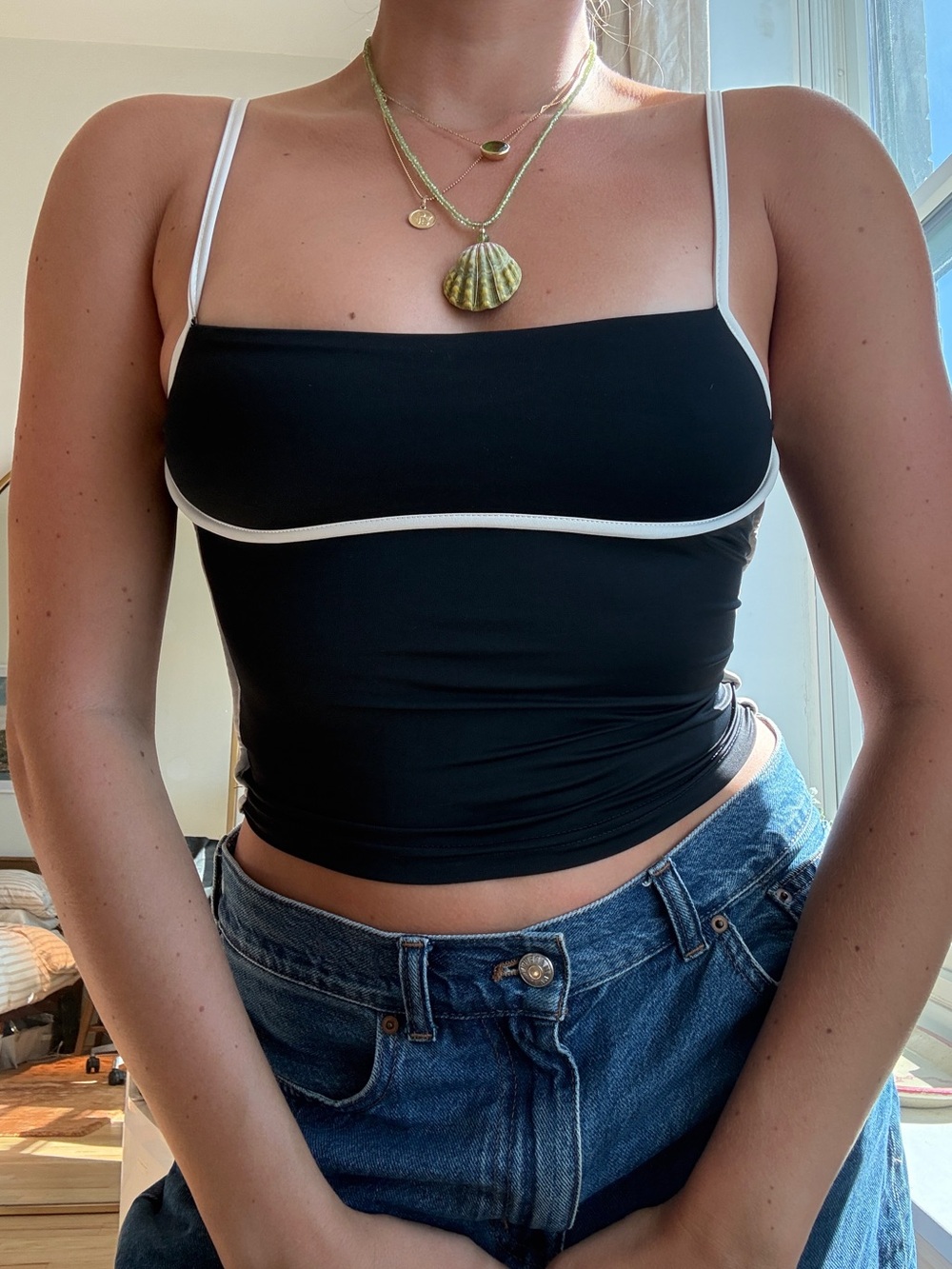 Princess Polly Black Cami Top with White Contrast Piping
